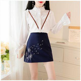 Set: Contrast Trim Ruffled Shirt + Embroidered Skirt
