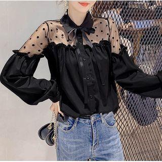 Long-sleeve Tie-neck Dotted Mesh Panel Blouse