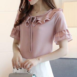 Plain Ruffle Trim Short Sleeve Chiffon Blouse