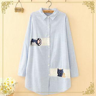 Long-sleeve Striped Cat Embroidered Shirt