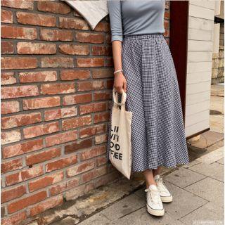 Belted Gingham Maxi Flare Skirt Navy Blue - One Size
