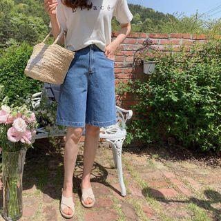 Band-waist Wide-leg Denim Shorts Blue - One Size