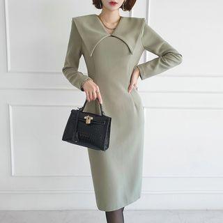 Long-sleeve Wide-collar Midi Sheath Dress