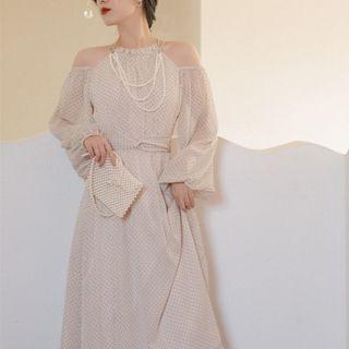 Long-sleeve Cold Shoulder Dotted A-line Dress