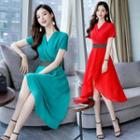 Short-sleeve Asymmetric Ruffled A-line Dress