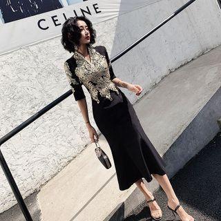 Elbow-sleeve Sheath Midi Evening Dress