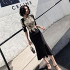 Elbow-sleeve Sheath Midi Evening Dress
