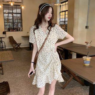 Short-sleeve V-neck Dotted A-line Dress Almond - One Size