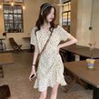 Short-sleeve V-neck Dotted A-line Dress Almond - One Size