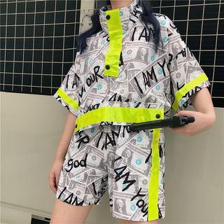 Elbow-sleeve Reflexive Panel Printed Top / Shorts