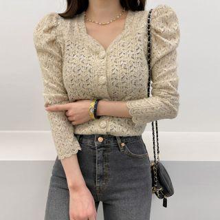 Puff-sleeve Sweetheart-neck Lace Blouse