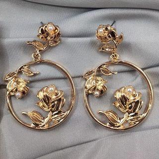 Faux Pearl Alloy Rose Dangle Earring 1 Pair - Gold - One Size