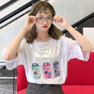 Printed Mesh Panel Elbow-sleeve T-shirt