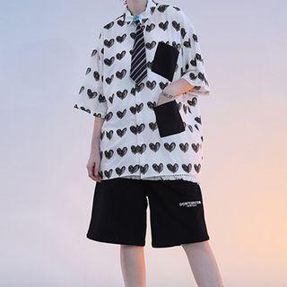 Elbow-sleeve Heart Pattern Print Shirt