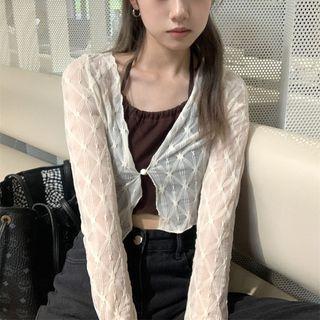 Long-sleeve Mesh Cardigan / Halter Plain Tank Top