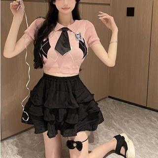 Polo Shirt With Tie / Layered Mini Skirt