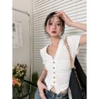 Short-sleeve V-neck Plain Single-breasted Crop Top