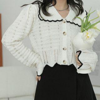 Contrast-trim Collar Crochet-knit Cardigan