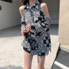 Long-sleeve Off-shoulder Pattern Print Shirt Black - One Size