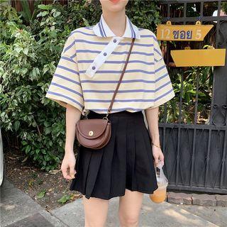 Short-sleeve Striped Collar Loose-fit Asymmetric T-shirt