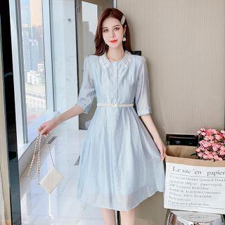 Elbow-sleeve Lace Collared A-line Dress