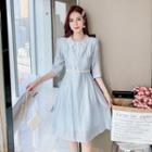 Elbow-sleeve Lace Collared A-line Dress