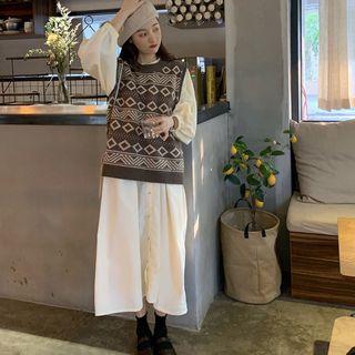 Patterned Knit Vest / Balloon-sleeve Midi Shirtdress