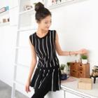 Set: Sleeveless Striped Knit Top + Knit Skirt Black - One Size