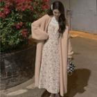 Spaghetti Strap Floral Print Midi A-line Dress / Long-sleeve Mock-neck Top / Long Cardigan
