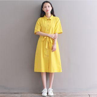 Tie Waist Elbow-sleeve Collared Dress