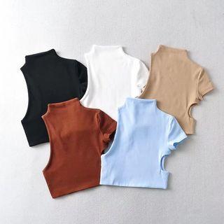 Short-sleeve One-shoulder Cutout Crop Top