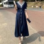 Short-sleeve Lace Trim Denim Midi A-line Dress