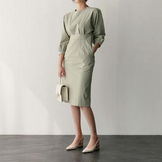 3/4-sleeve Pintuck-trim Midi Dress