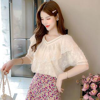 Elbow-sleeve Blouse / Floral Print Mini A-line Skirt