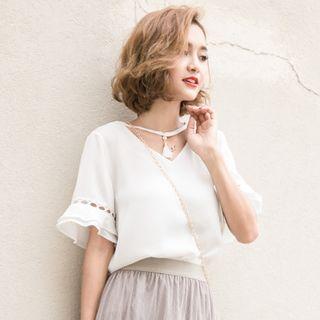 Faux Pearl Tasseled Elbow Sleeve Chiffon Blouse