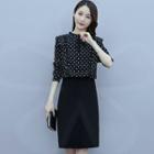 Set: Long-sleeve Ruffled Trim Dotted Panel Dress