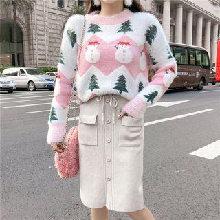 Set: Christmas Print Sweater + Midi Straight-fit Skirt