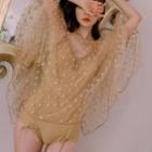 Set: Drawstring Swimsuit + Floral Embroidered Cover-up Dress