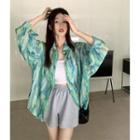 Long-sleeve Lapel Print Loose-fit Shirt Jacket Green - One Size