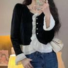 Long-sleeve Ruffle Trim Button-up Velvet Cropped Blouse