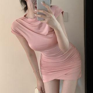 Asymmetrical Short-sleeve Shirred Bodycon Dress Pink - One Size