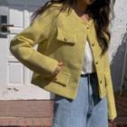 Collarless Faux-pocket Tweed Jacket Yellow - One Size