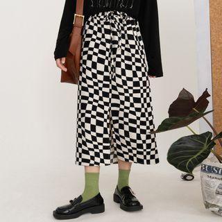 Tie Waist Slit Check Skirt Black - One Size