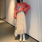 Printed Pullover / Sheer Panel Pleated Midi Skirt