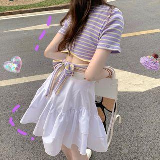 Short-sleeve Striped Tie-waist Crop Top / Mini A-line Skirt