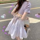 Short-sleeve Striped Tie-waist Crop Top / Mini A-line Skirt