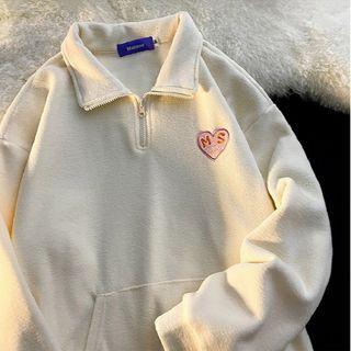 Heart Embroidered Half-zip Fleece Sweatshirt