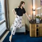 Set: Plain Cold Shoulder Short-sleeve Blouse + Dotted Cropped Pants