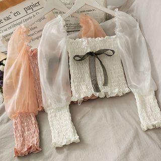 Ribbon-front Satin Smocked Crop Top