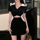 Short-sleeve Two Tone Cut Out Mini Sheath Dress